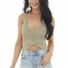 HYFVE Tops Dusty Green Sleeveless Knit Crop Top With Front Twist Detail 2 HYFVE Tops Dusty Green Sleeveless Knit Crop Top With Front Twist Detail