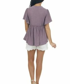 Hailey & Co Tops Dusty Lilac V Neck Babydoll Swiss Dot Top