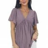 Hailey & Co Tops Dusty Lilac V Neck Babydoll Swiss Dot Top