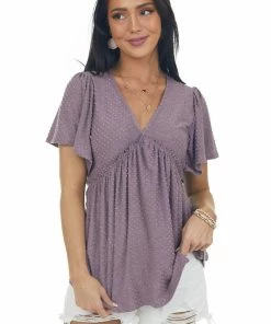 Hailey & Co Tops Dusty Lilac V Neck Babydoll Swiss Dot Top
