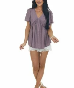 Hailey & Co Tops Dusty Lilac V Neck Babydoll Swiss Dot Top