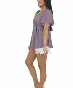 Hailey & Co Tops Dusty Lilac V Neck Babydoll Swiss Dot Top