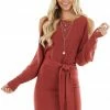 Bluivy Dusty Maroon Long Dolman Sleeve Dress With Cold Shoulder Dresses