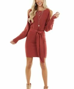 Bluivy Dusty Maroon Long Dolman Sleeve Dress With Cold Shoulder Dresses