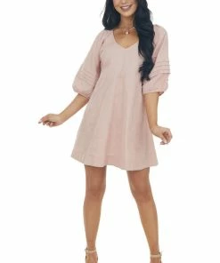 Umgee Dusty Mauve Short Dress With Balloon Sleeves Dresses
