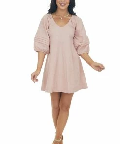 Umgee Dusty Mauve Short Dress With Balloon Sleeves Dresses