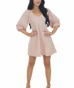 Umgee Dusty Mauve Short Dress With Balloon Sleeves Dresses