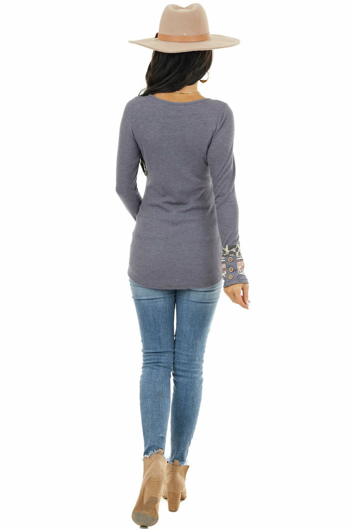 American Chic Dusty Navy Waffle Knit Top With Multiprint Cuff Detail Tops 9 American Chic Dusty Navy Waffle Knit Top With Multiprint Cuff Detail Tops