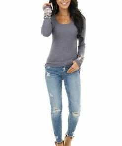 American Chic Dusty Navy Waffle Knit Top With Multiprint Cuff Detail Tops