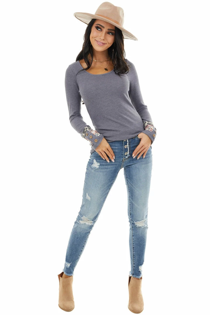 American Chic Dusty Navy Waffle Knit Top With Multiprint Cuff Detail Tops 7 American Chic Dusty Navy Waffle Knit Top With Multiprint Cuff Detail Tops