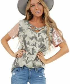 Vanilla Bay Tops Dusty Olive Camo V Neck Knit Top With Sequin Shoulders