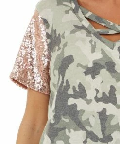 Vanilla Bay Tops Dusty Olive Camo V Neck Knit Top With Sequin Shoulders