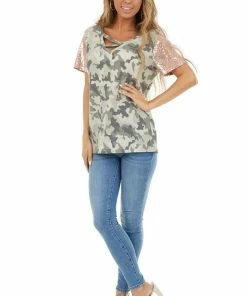 Vanilla Bay Tops Dusty Olive Camo V Neck Knit Top With Sequin Shoulders