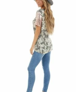 Vanilla Bay Tops Dusty Olive Camo V Neck Knit Top With Sequin Shoulders