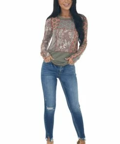 BucketList Dusty Olive Multiprint Exposed Seam Detail Knit Top