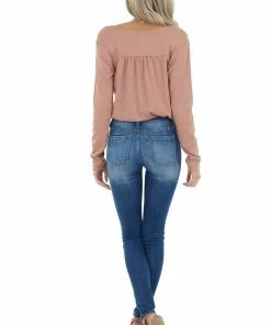 Wishlist Dusty Peach Ribbed Knit Surplice Bodysuit With Long Sleeves