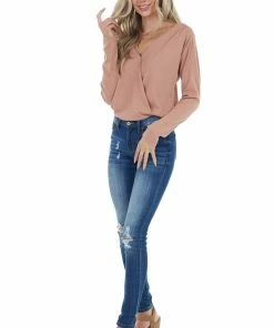 Wishlist Dusty Peach Ribbed Knit Surplice Bodysuit With Long Sleeves