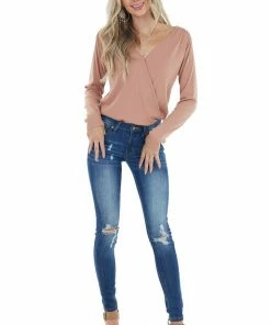 Wishlist Dusty Peach Ribbed Knit Surplice Bodysuit With Long Sleeves