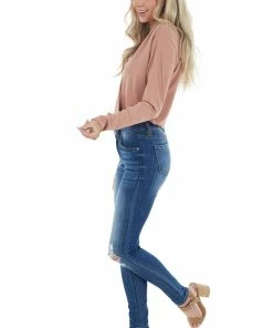 Wishlist Dusty Peach Ribbed Knit Surplice Bodysuit With Long Sleeves