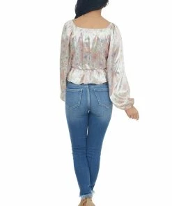 Peach Love Dusty Peach Satin Floral Surplice Peplum Top 21 Peach Love Dusty Peach Satin Floral Surplice Peplum Top