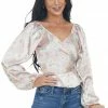Peach Love Dusty Peach Satin Floral Surplice Peplum Top