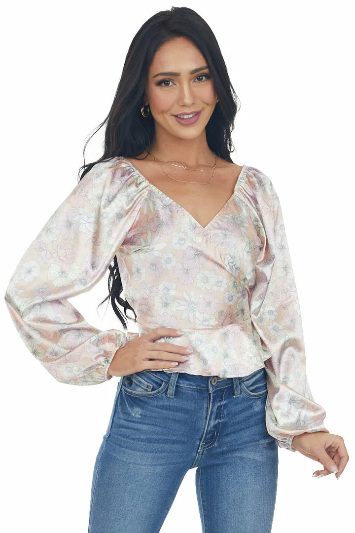 Peach Love Dusty Peach Satin Floral Surplice Peplum Top 3 Peach Love Dusty Peach Satin Floral Surplice Peplum Top