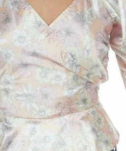 Peach Love Dusty Peach Satin Floral Surplice Peplum Top 22 Peach Love Dusty Peach Satin Floral Surplice Peplum Top