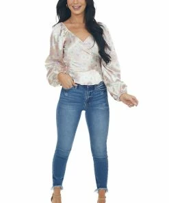 Peach Love Dusty Peach Satin Floral Surplice Peplum Top 17 Peach Love Dusty Peach Satin Floral Surplice Peplum Top