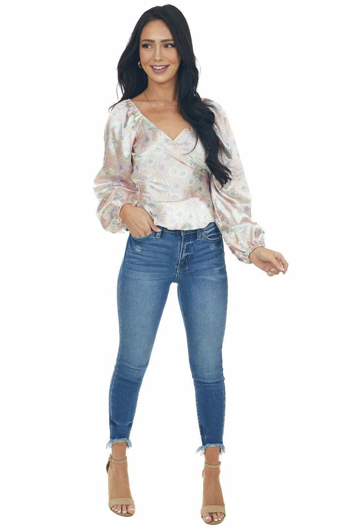 Peach Love Dusty Peach Satin Floral Surplice Peplum Top 5 Peach Love Dusty Peach Satin Floral Surplice Peplum Top