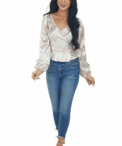 Peach Love Dusty Peach Satin Floral Surplice Peplum Top 19 Peach Love Dusty Peach Satin Floral Surplice Peplum Top