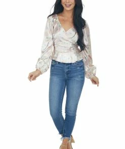 Peach Love Dusty Peach Satin Floral Surplice Peplum Top 18 Peach Love Dusty Peach Satin Floral Surplice Peplum Top