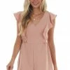 Ces Femme Dusty Peach Smocked Side Ruffle Woven Romper Dresses