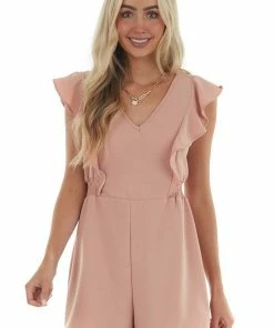 Ces Femme Dusty Peach Smocked Side Ruffle Woven Romper Dresses