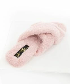 MACHI FOOTWEAR Dusty Pink Fuzzy Open Toed Slippers With Criss Cross Tops