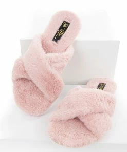 MACHI FOOTWEAR Dusty Pink Fuzzy Open Toed Slippers With Criss Cross Tops