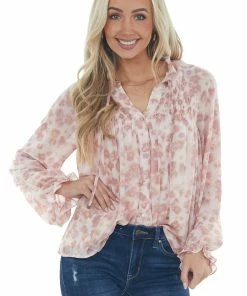 Entro Dusty Pink Long Sleeve Floral Button Up Blouse
