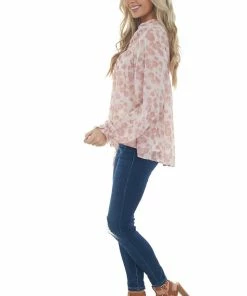 Entro Dusty Pink Long Sleeve Floral Button Up Blouse