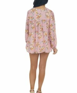 Ces Femme Dusty Punch Floral Notch Neck Swing Blouse Tops