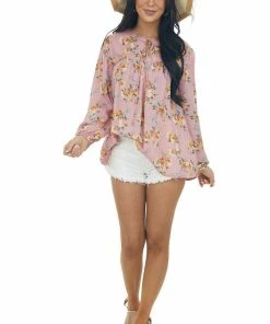 Ces Femme Dusty Punch Floral Notch Neck Swing Blouse Tops