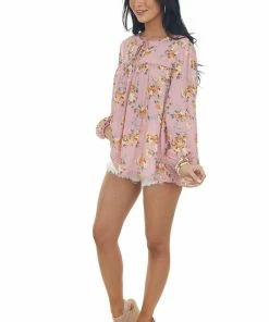 Ces Femme Dusty Punch Floral Notch Neck Swing Blouse Tops