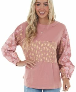 Easel Dusty Punch Multiprint Colorblock Knit Top