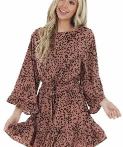 Jodifl Dusty Rose Cheetah Print Long Wide Sleeve Short Dress Dresses