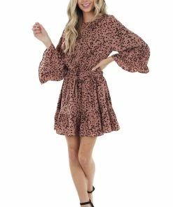 Jodifl Dusty Rose Cheetah Print Long Wide Sleeve Short Dress Dresses