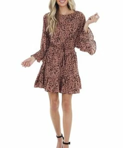 Jodifl Dusty Rose Cheetah Print Long Wide Sleeve Short Dress Dresses