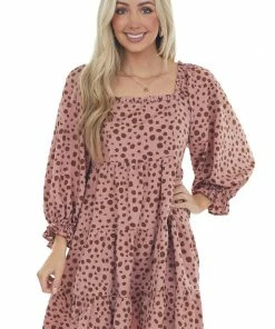 Jodifl Dusty Rose Dalmatian Tiered Puff Sleeve Dress