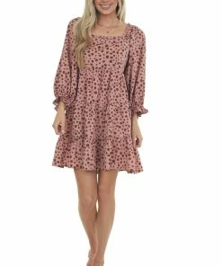 Jodifl Dusty Rose Dalmatian Tiered Puff Sleeve Dress
