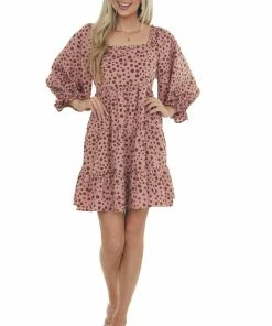 Jodifl Dusty Rose Dalmatian Tiered Puff Sleeve Dress