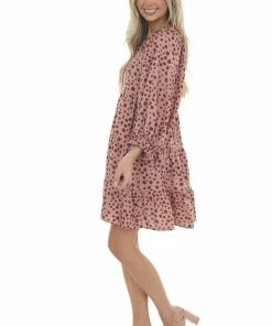 Jodifl Dusty Rose Dalmatian Tiered Puff Sleeve Dress
