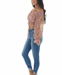 Illa Illa Dusty Rose Floral Print Ruched Front Crop Top Tops