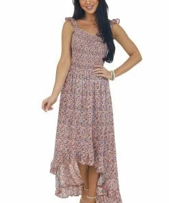 Hailey & Co Dresses Dusty Rose Floral Smocked High Low Dress
